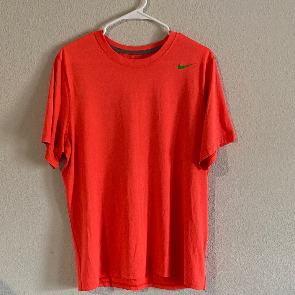 Nike Dri-Fit Men's Reddish Orange Tee with Green Nike Logo